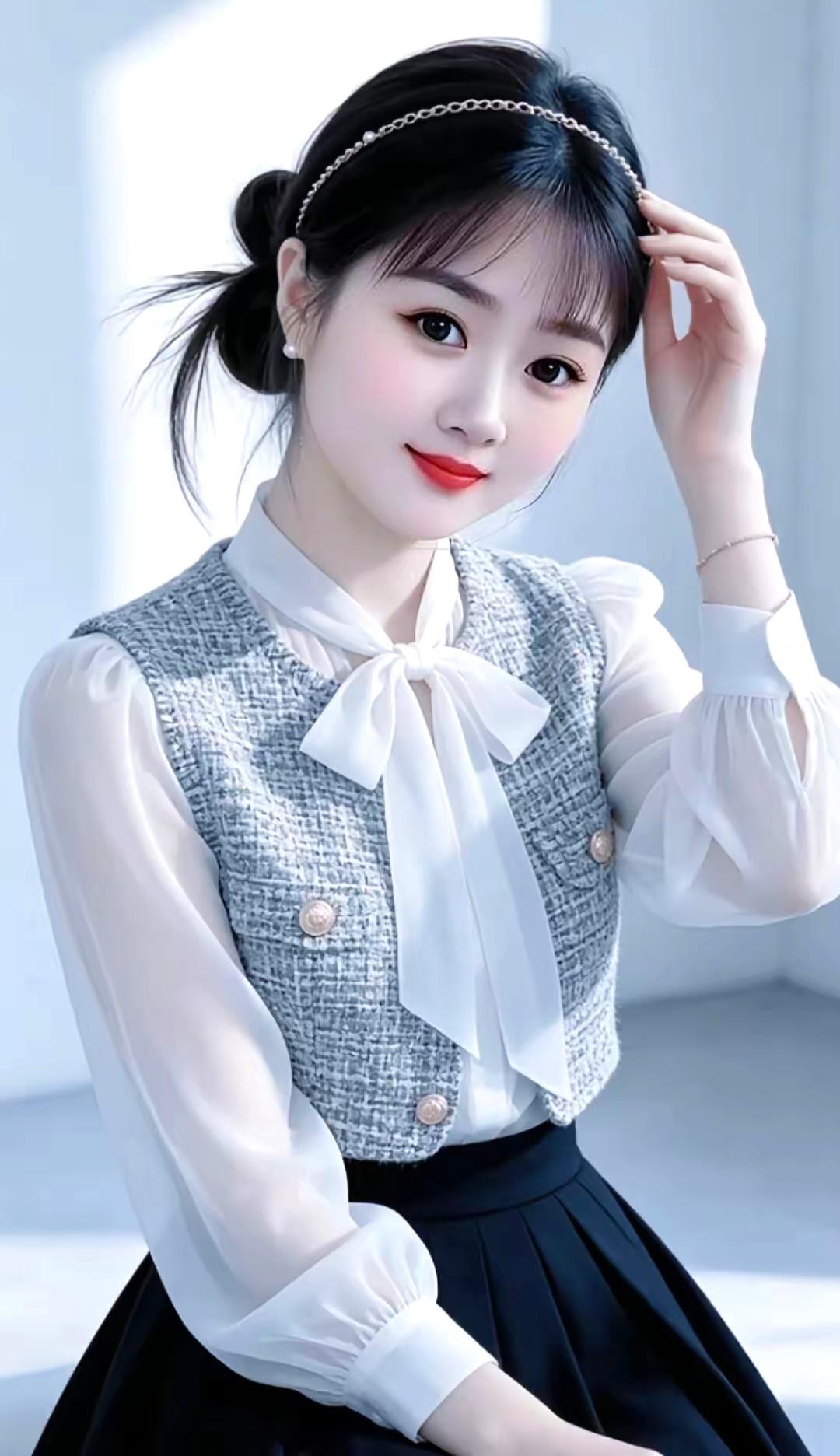 妆容淡雅，眉眼生辉。衣着得体，气质相随。端庄温婉，浅笑扬眉。清风相伴，芳华