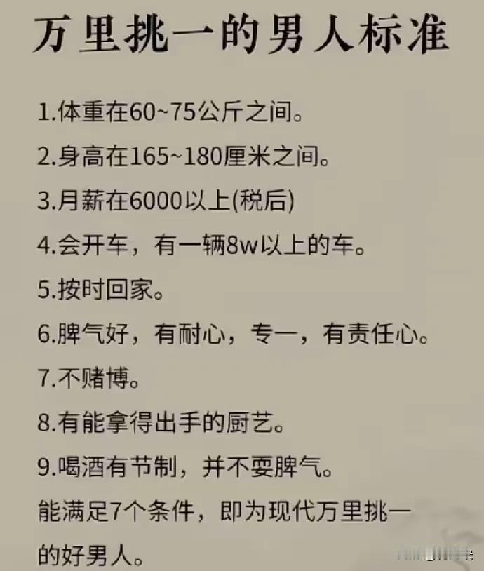 这个万里挑一好男人的标准，我9个条件都满足。可也没发现好到哪里呀？尤其是我媳妇儿