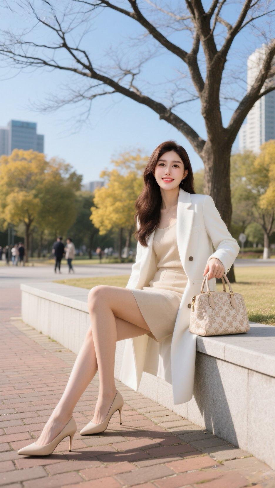 优雅白西装，搭配米色连衣裙，尽显都市女性魅力。