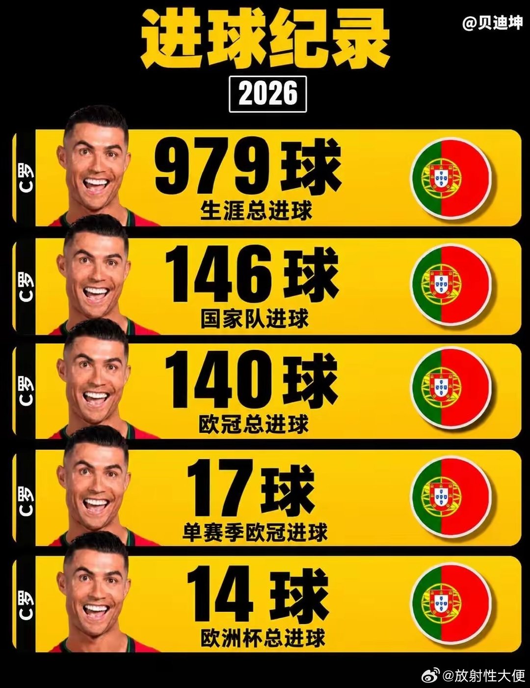 五项纪录，曾属五人，如今属于C罗。比坎的生涯进球、阿里·代伊的国家队进球、劳尔的欧冠进球、范尼的单赛