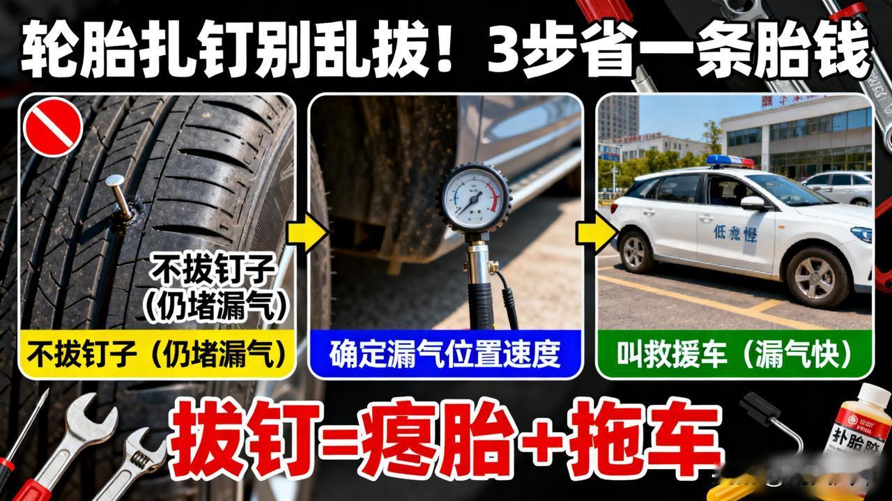 轮胎扎钉子了，千万别直接拔！记住这3步，能省一条胎钱。1.别拔钉子，它还在