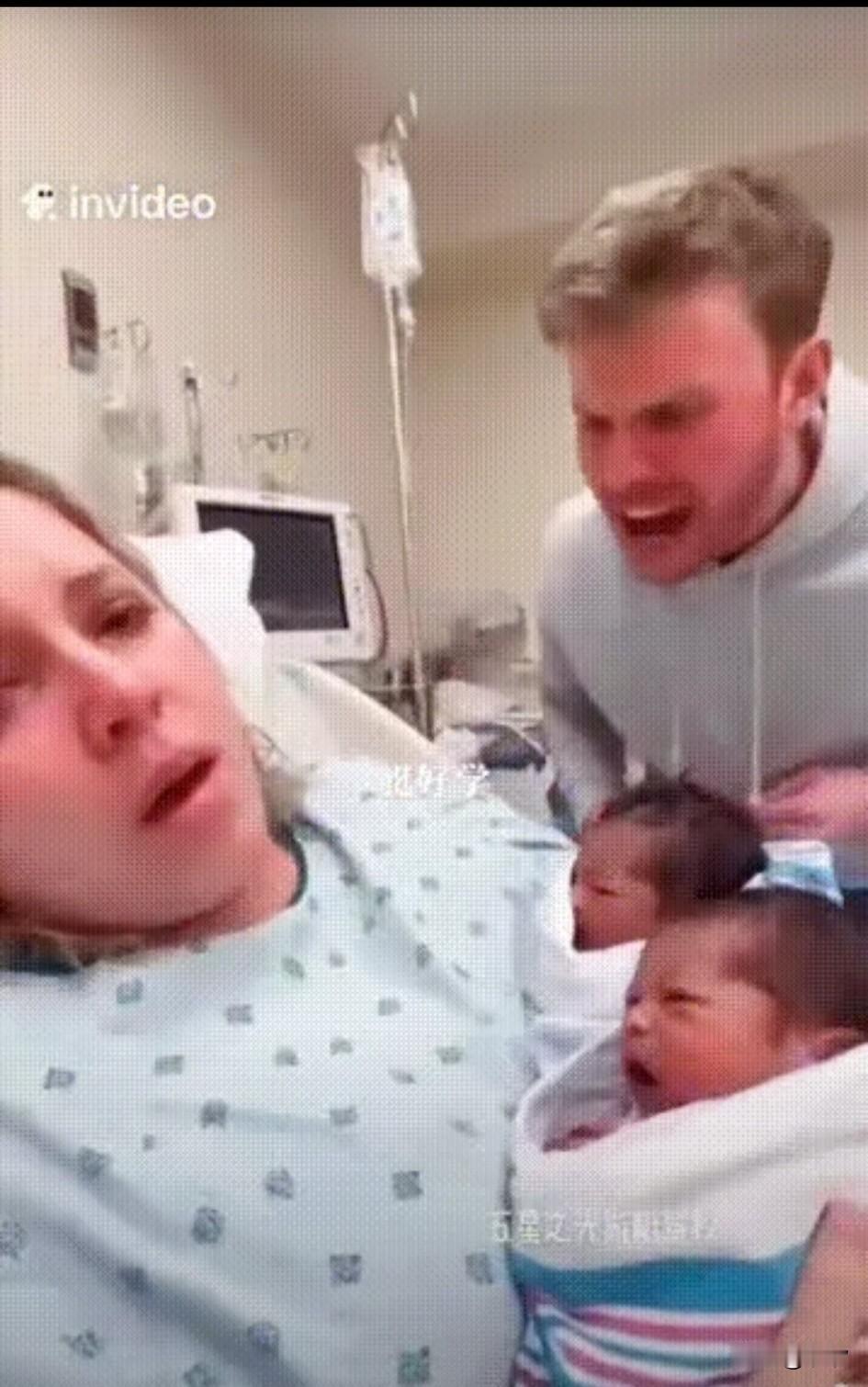 国外白人产妇生孩子，她的老公很担心在外面守着，直到医生让他进入看望孩子，他