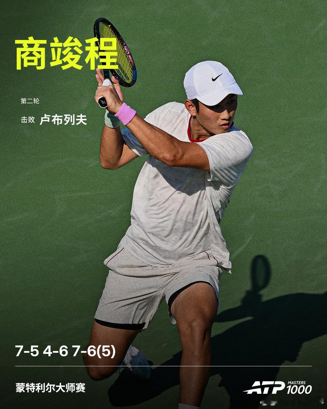 商竣程2比1卢布列夫ATP1000蒙特利尔站第二轮，中国选手商竣程7-5、4-