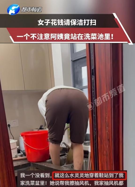 广东，一位女业主，请了保洁阿姨打扫卫生，回头一看发现她正站在厨房洗菜盆里擦抽油烟