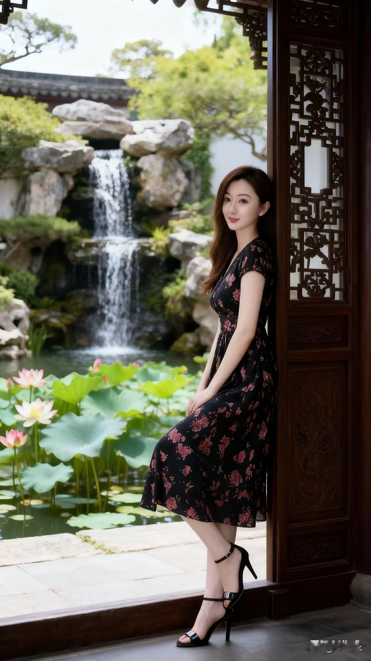 优雅黑裙，古风庭院，落日余晖，静谧时光