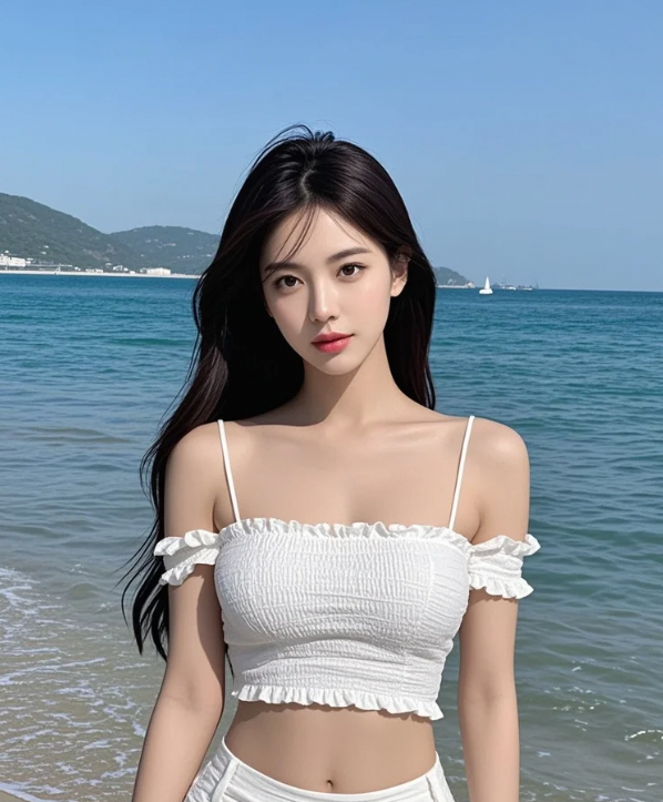 当海风撩动发丝，水天一色成了她的背景板