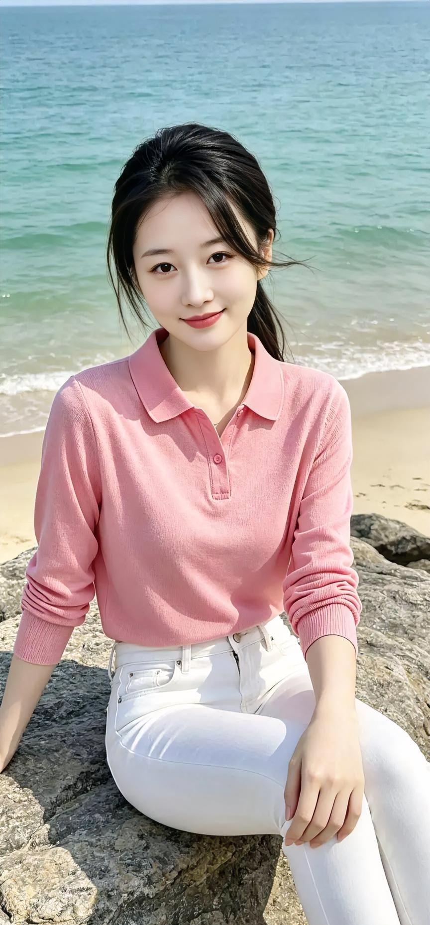 《海风吻过的粉白时光》碧海轻摇，浪花亲吻着沙滩，她坐于礁石，如一幅清新的