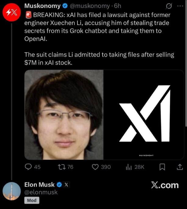 马斯克发文，说他旗下XAI公司的一个华人工程师从他的公司离职后，加入了Open