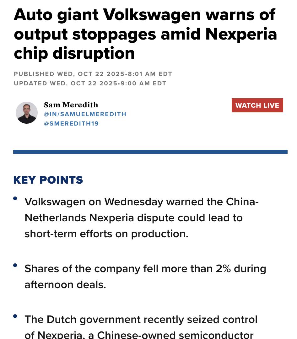 外媒：德国汽车巨头大众公司警告称，由于中荷之间关于荷兰芯片制造商安世半导体（Ne