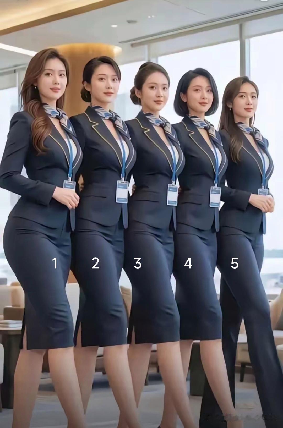 看看这一组空乘五人小组，一身深色制服上身，整个人精气神直接拉满。一个个身姿窈