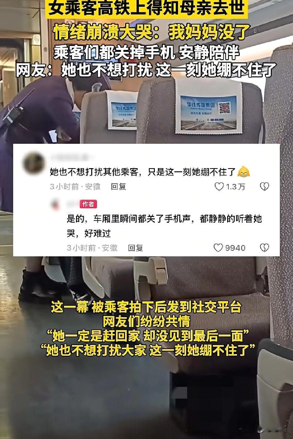 1月29日一列高铁车厢里女乘客接到电话得知母亲去世，瞬间崩溃大哭