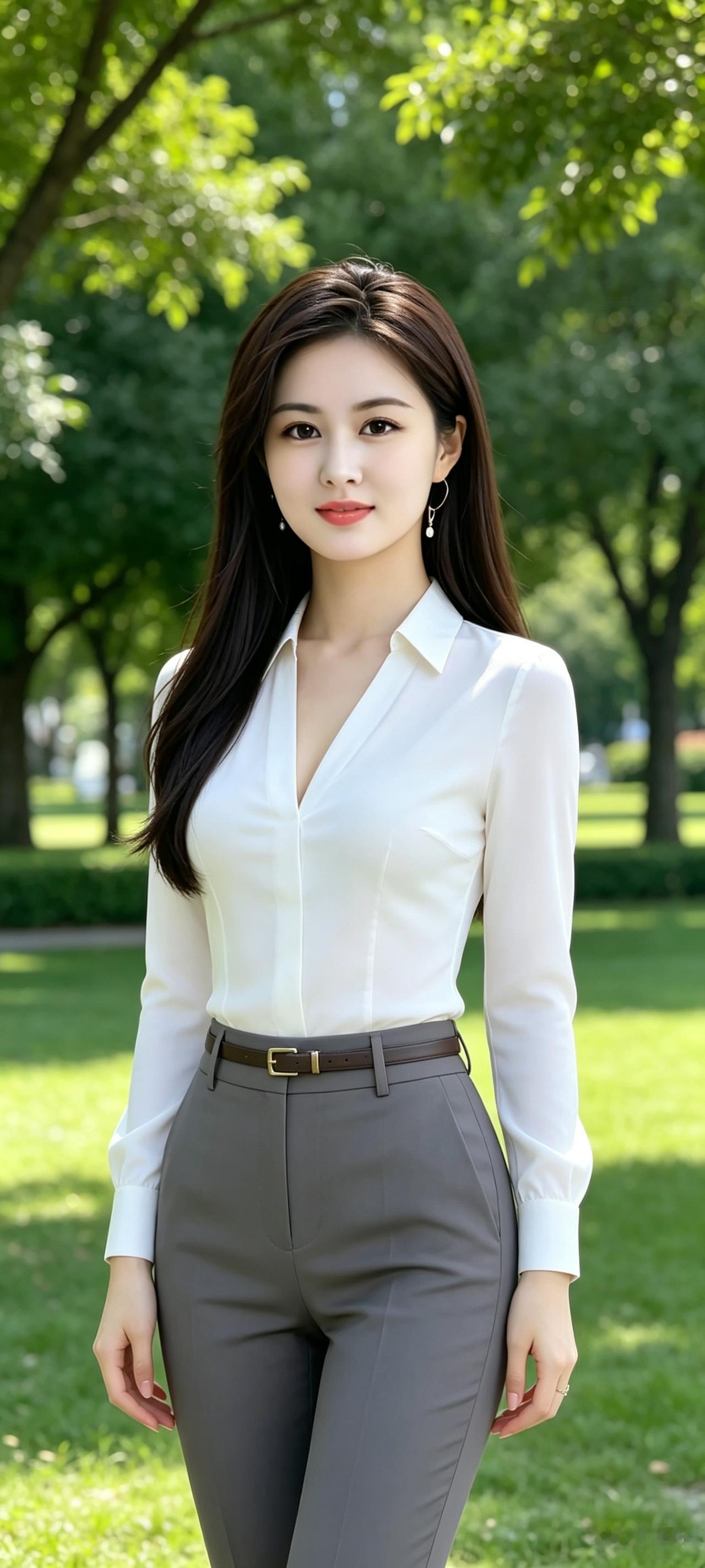 打油诗绿树成荫映碧坪，白衣俏姐立园亭。长发柔顺眉眼清，端庄大气自安宁