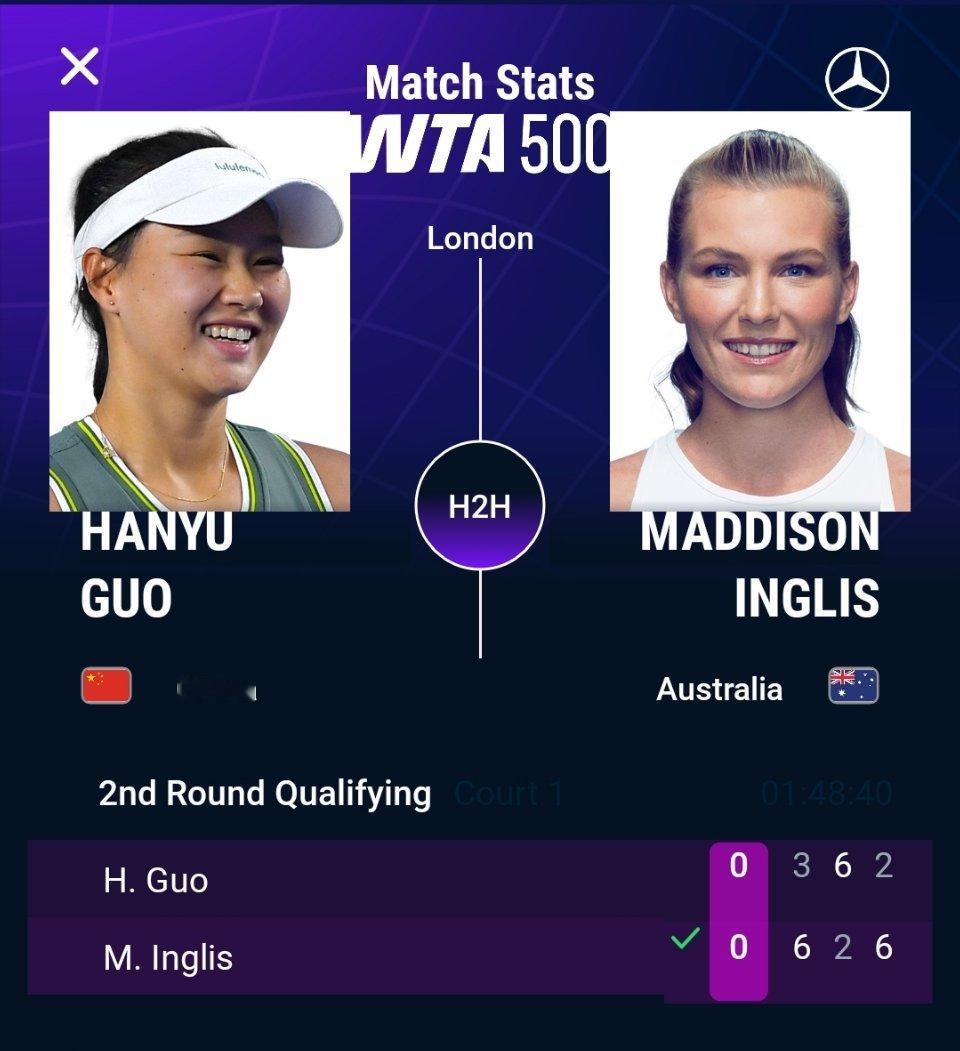 #郭涵煜无缘WTA500伦敦站正赛#WTA500伦敦站资格赛决胜轮，郭涵煜3-