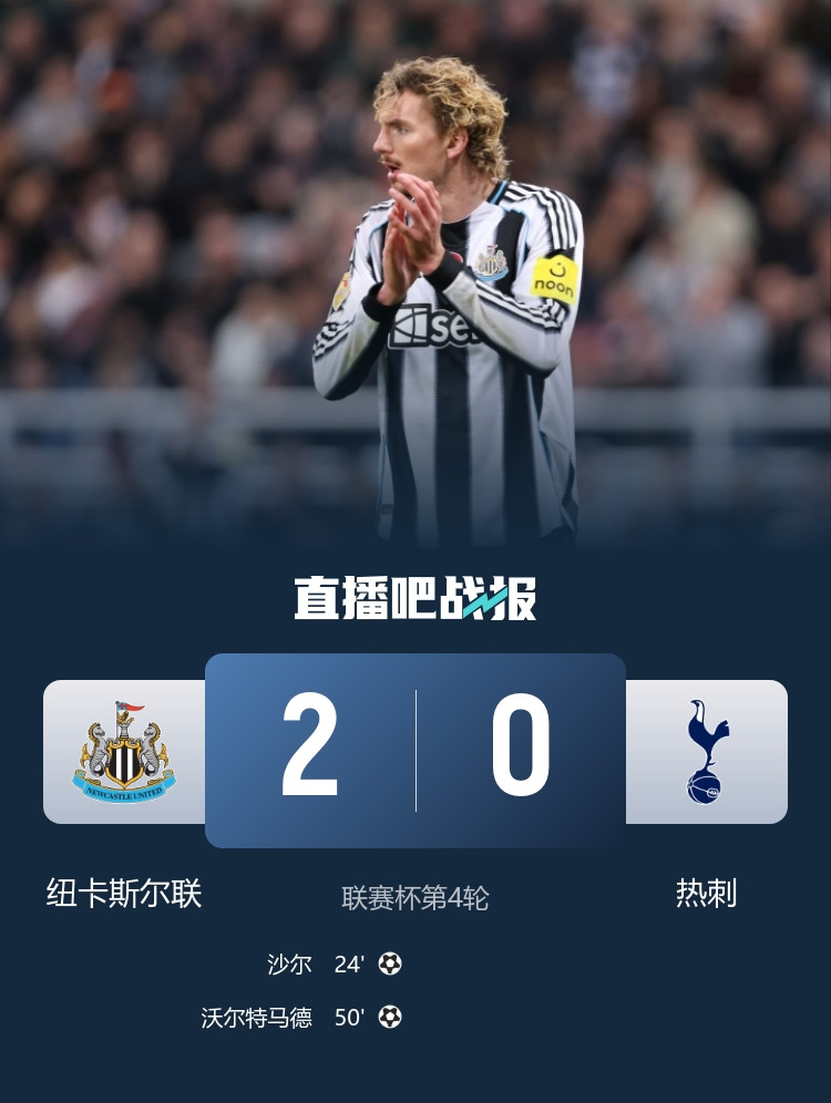 各赛事3连胜! 纽卡2-0热刺进联赛杯8强 沃尔特马德破门沙尔建功