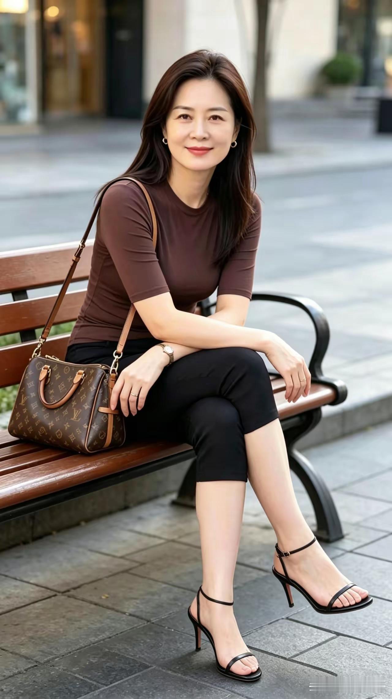 这位女士坐在长椅上，穿着时尚。
