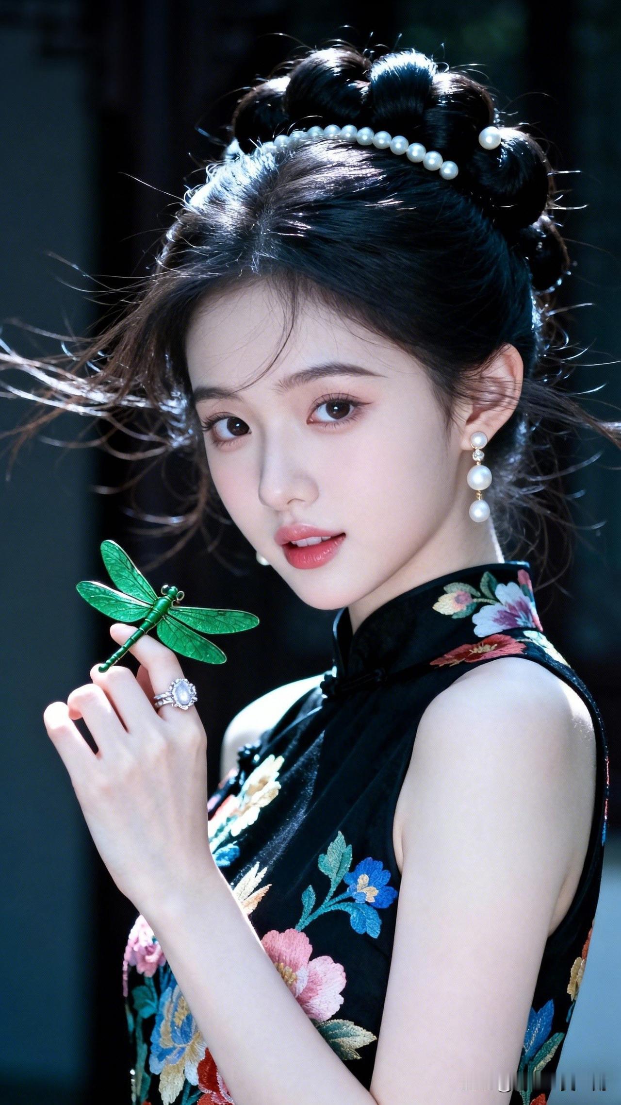 东方美人，黑纱花旗袍，绿蜻蜓轻触，优雅动人。穿旗袍拍照有多美