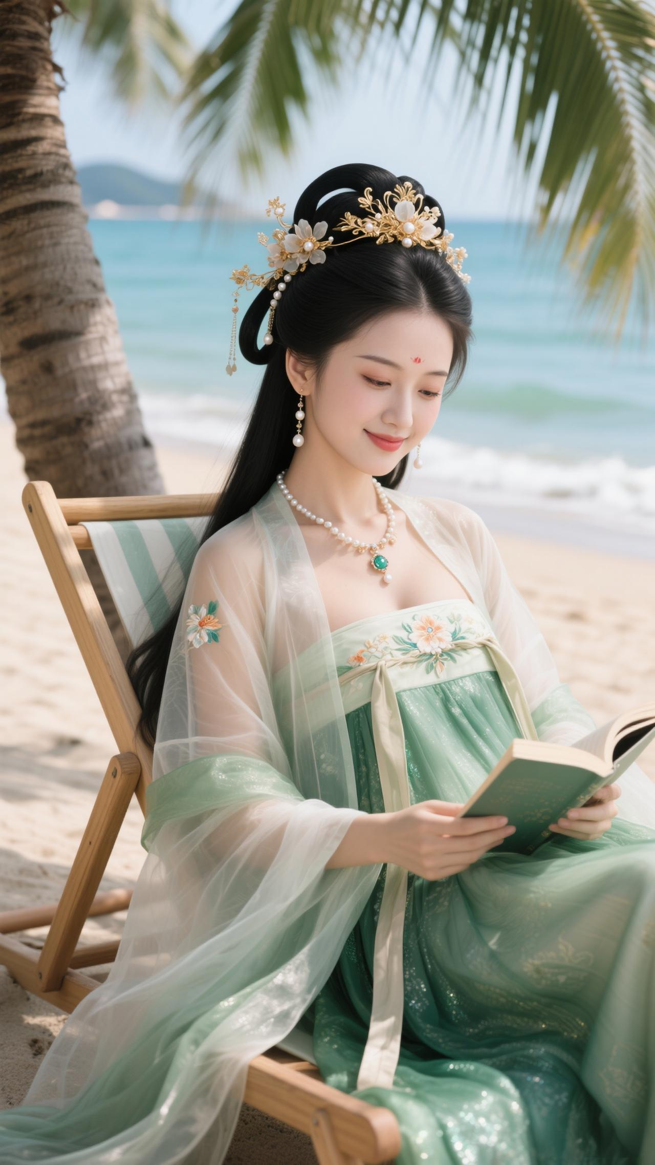 《浪淘沙·椰风海韵》椰影曳金滩，浪吻云鬟。罗衣轻透碧琅玕。闲展素书风里卧，