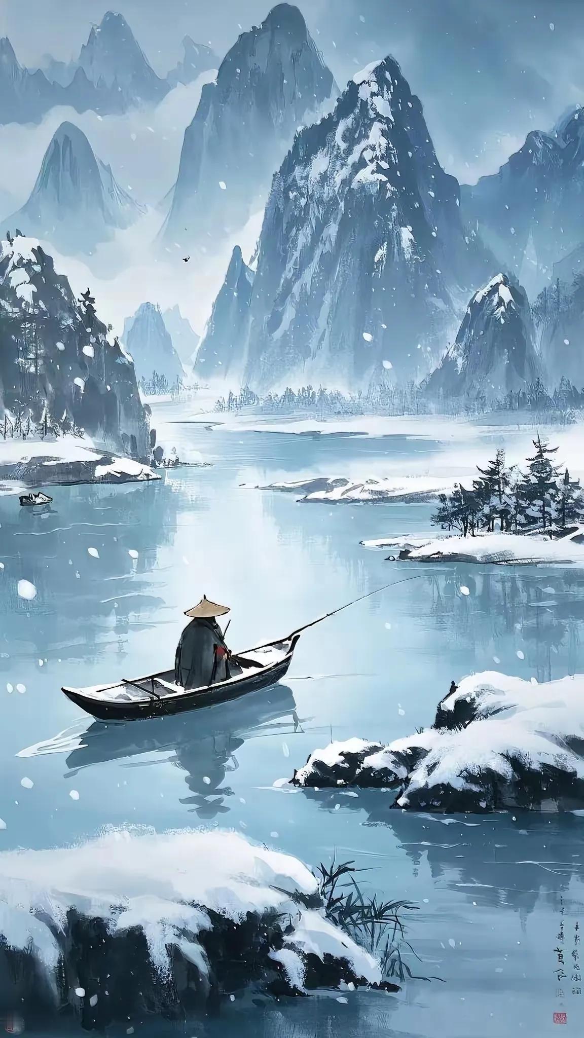 寒江千里雪漫漫，孤舟无依水自宽。阅尽红尘千般事，是非成败已淡然。