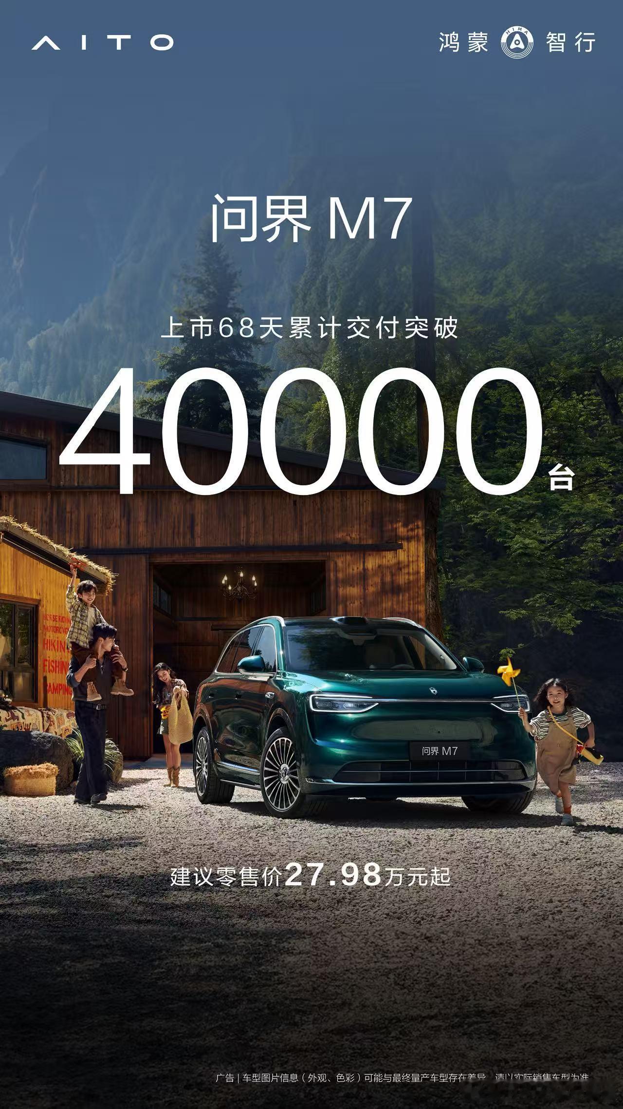 鸿蒙智行近日宣布，全新问界M7交付量突破40000台，自9月23日正式上市后仅用