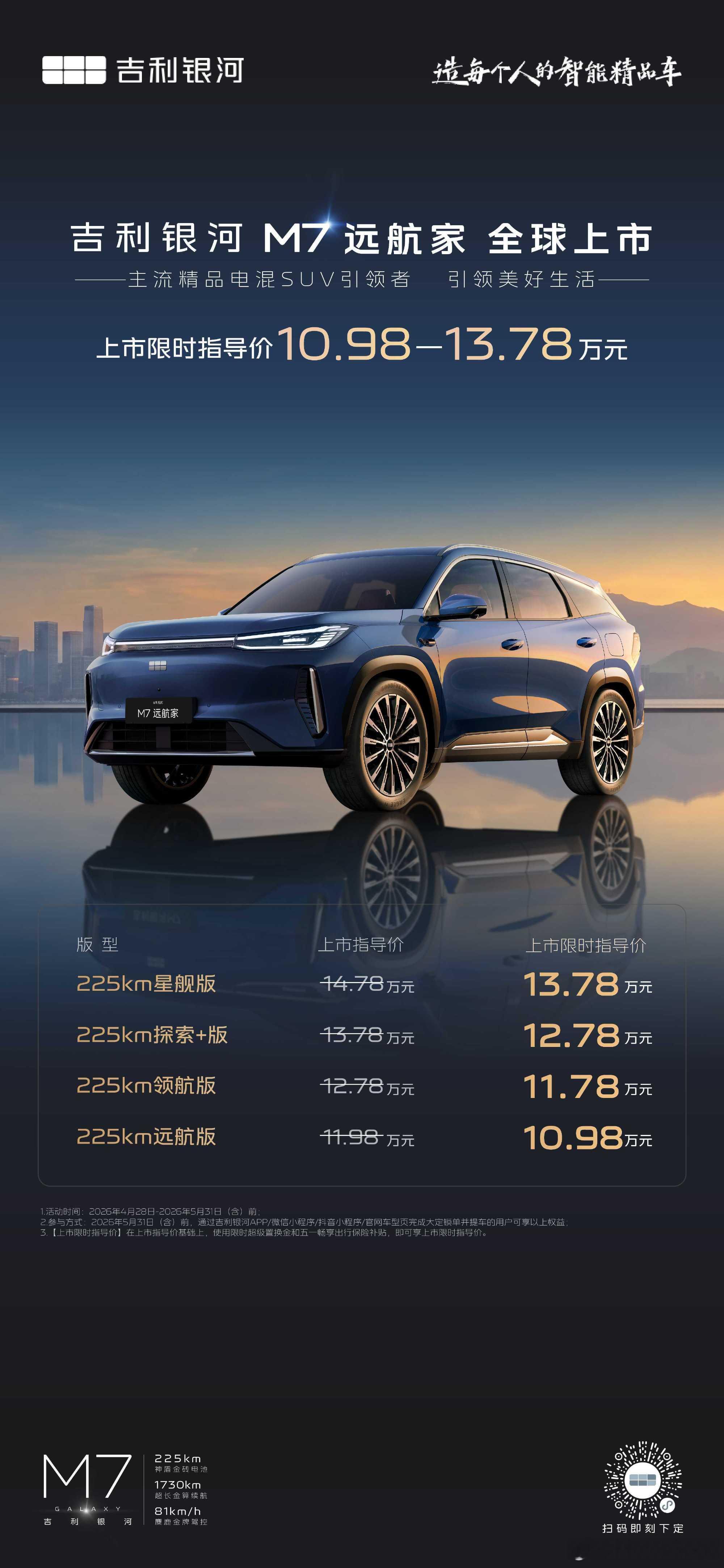 吉利银河M7正式上市了，限时售价10.98万-13.78万元，共4