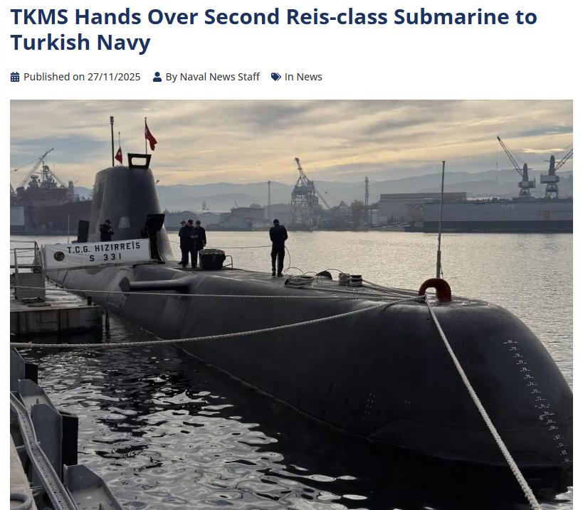 土耳其本地船厂按照许可建造的第二艘“雷斯”级AIP潜艇（214TN型）向土耳其海