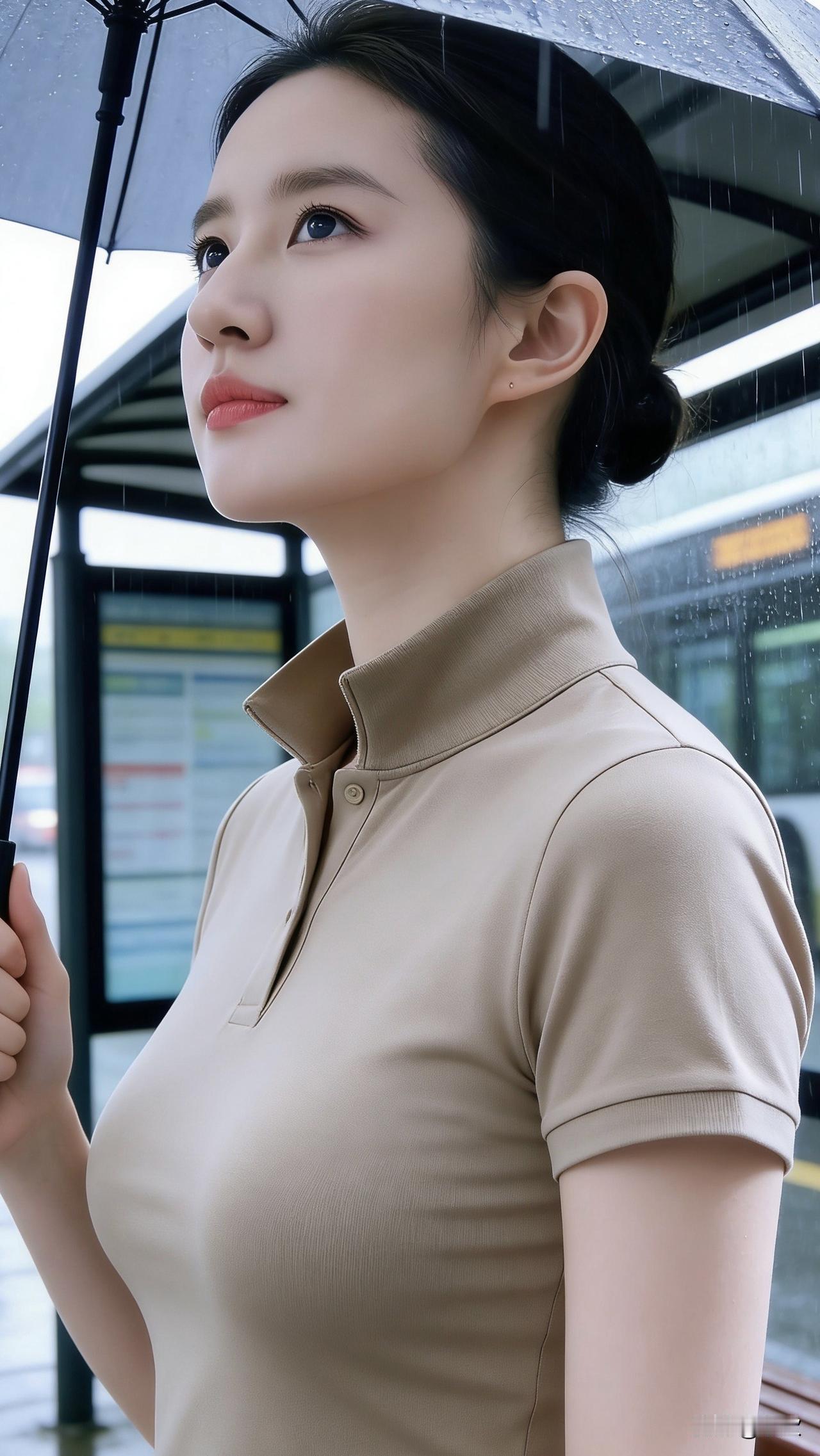 细密的雨珠敲打着透明伞面，她站在站台旁，浅米色的衣领沾了些湿润的水汽。远处的公交