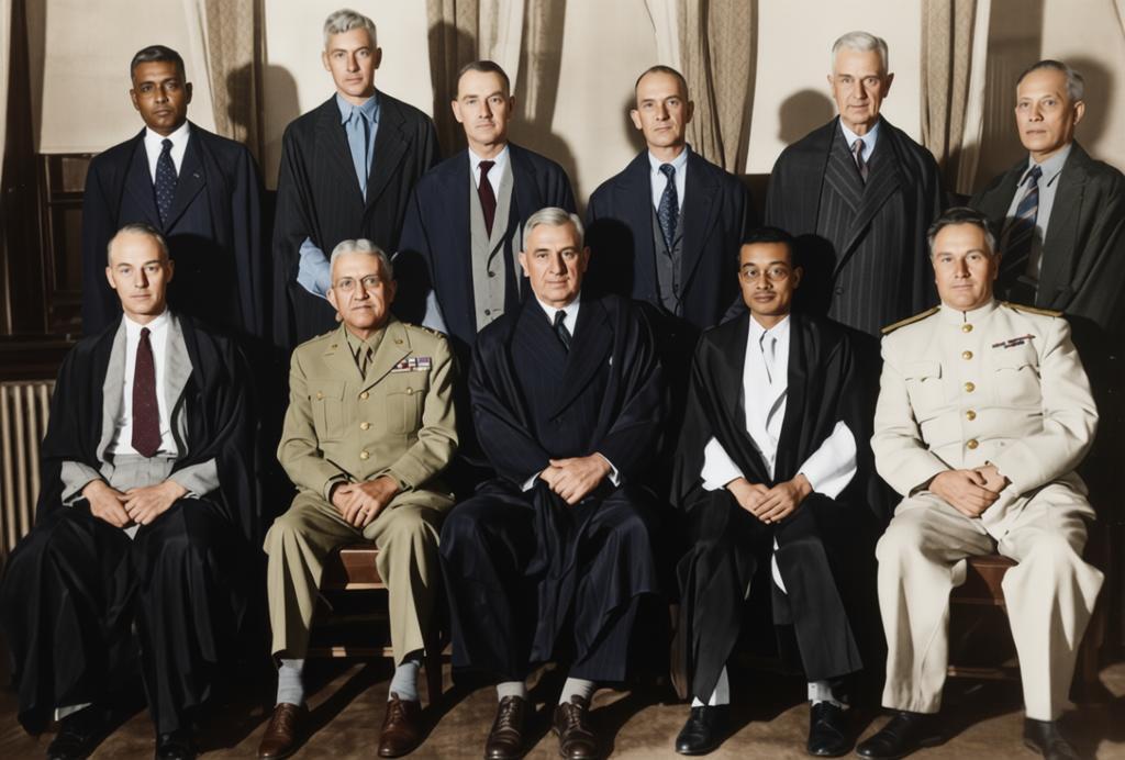 这张照片是1946年远东国际军事法庭11国法官的官方合影，前排右二的梅汝璈作为中