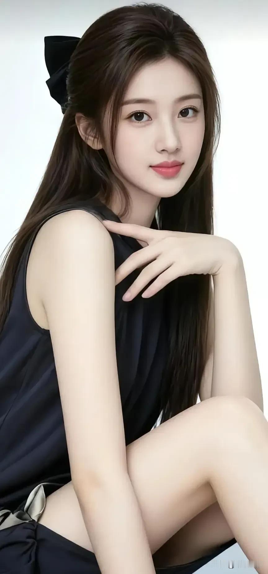 黑缎蝴蝶结缀在棕发间，藏青无袖裙衬出清冷肩颈，抬手轻搭的动作，揉出优雅又灵动的气