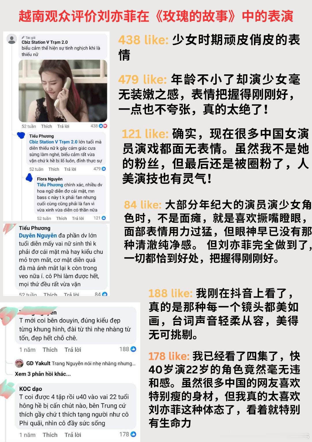越南观众评价玫瑰的故事刘亦菲的表演。“演技灵动，演少女毫不违和，表情把握刚刚好，