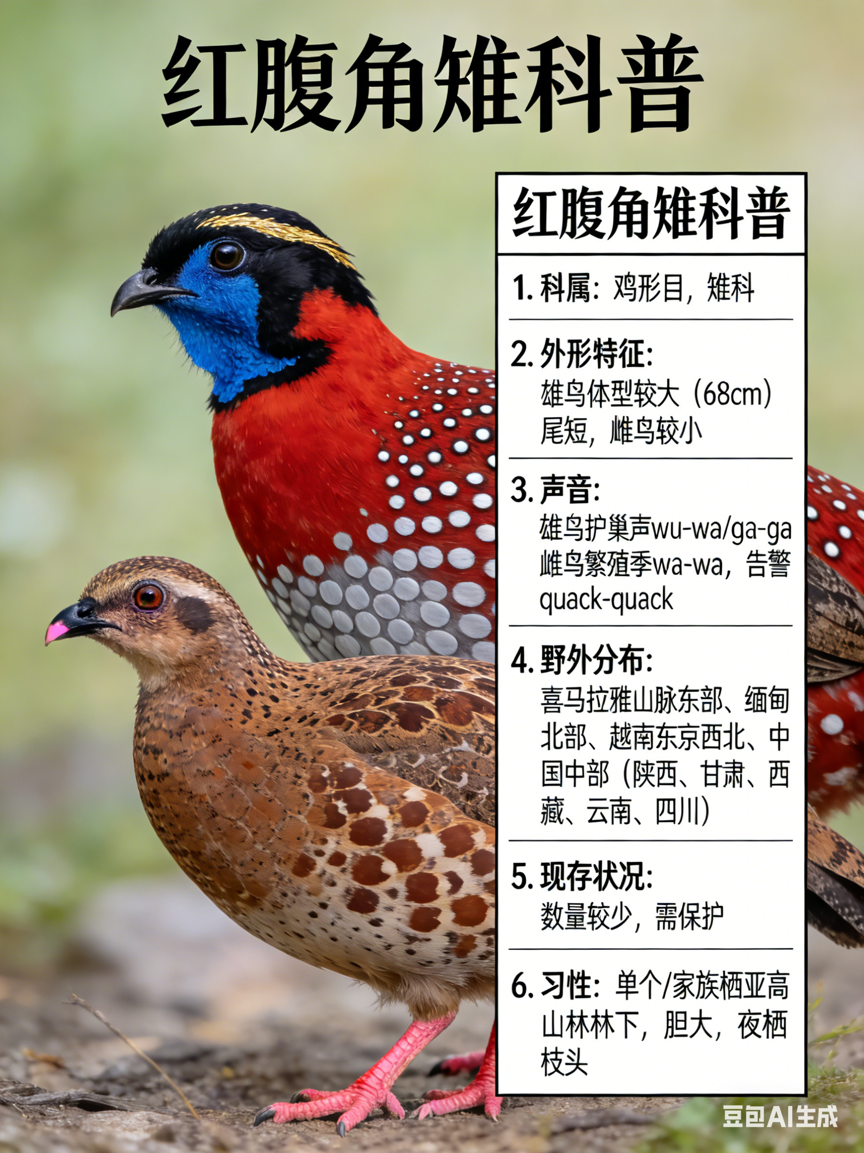 鸟类朋友图鉴红腹角雉·科属：鸡形目，雉科。·外形特征：体型较大（68cm）而尾