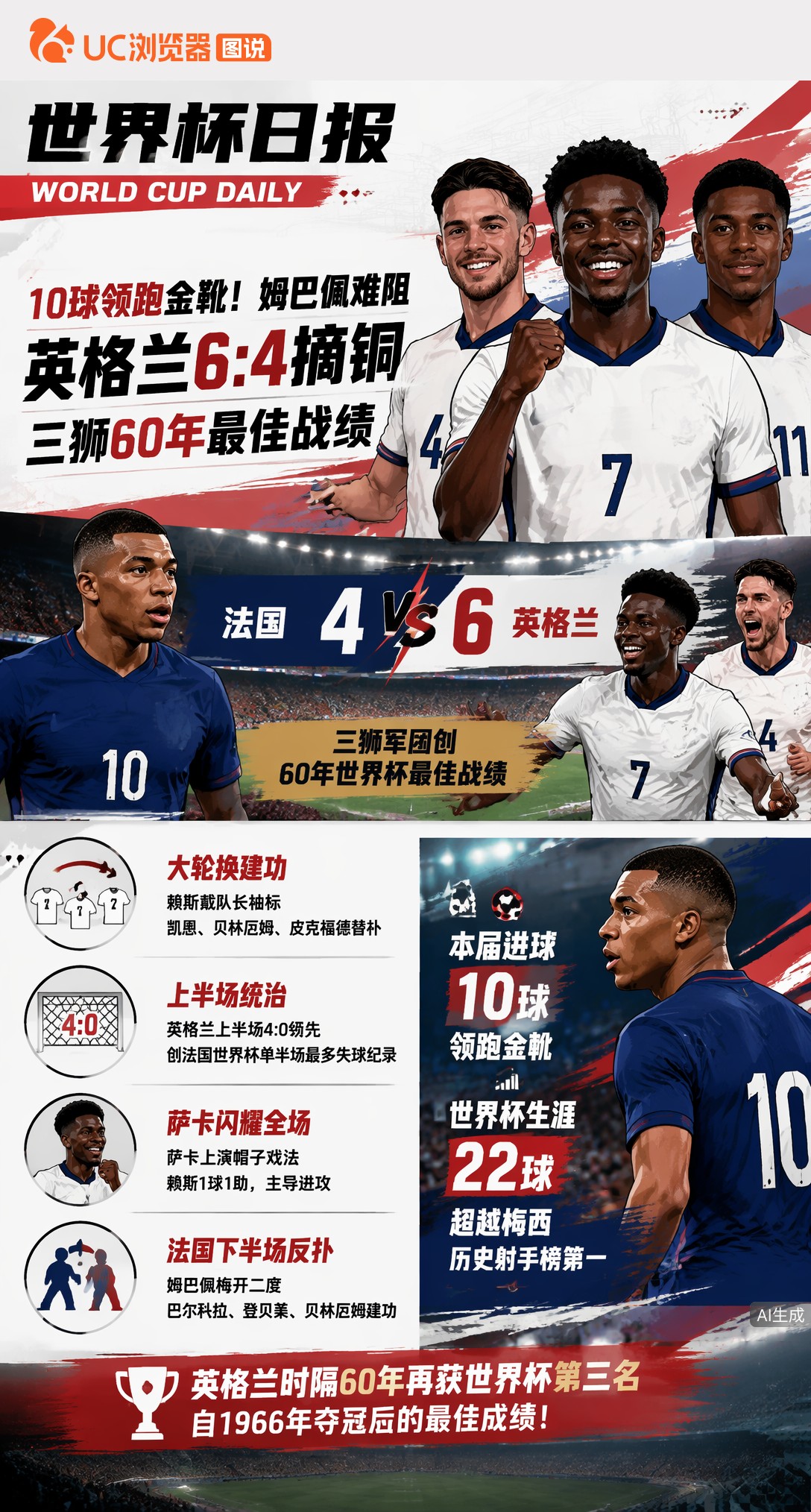 10球领跑金靴！姆巴佩难阻英格兰6:4摘铜，三狮60年最佳战绩