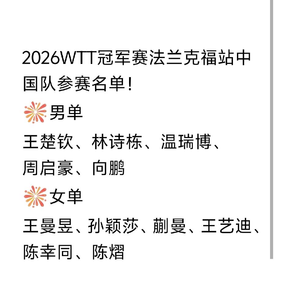 抢先看[大笑]！法兰克福站冠军赛国乒参赛名单！2026WTT冠军赛法兰克福站