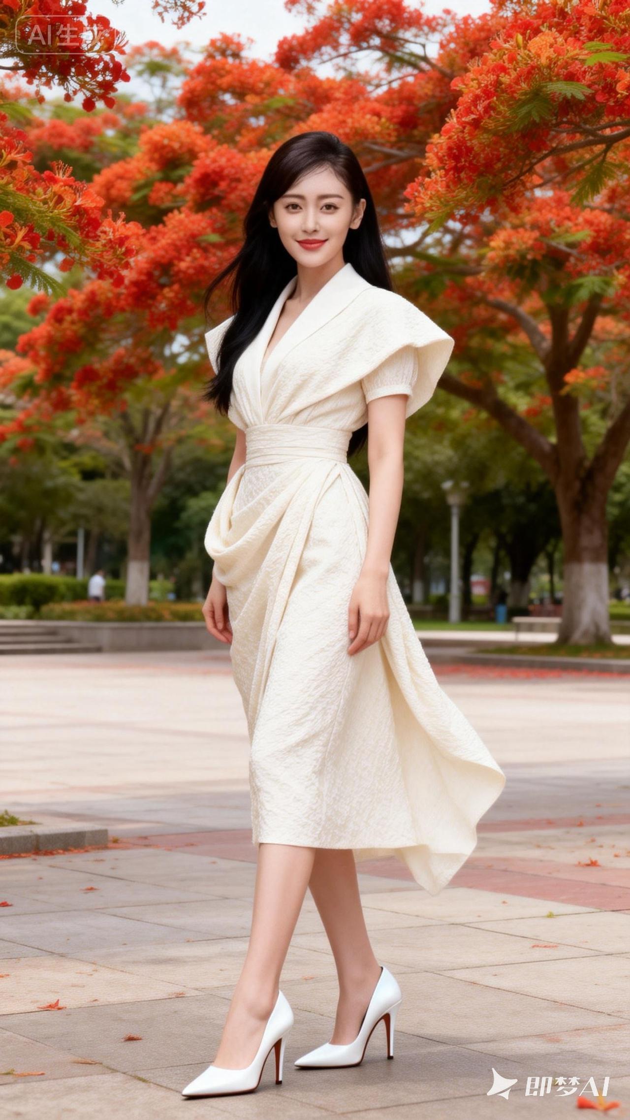 优雅漫步在秋日公园，红叶与白裙相映成趣。