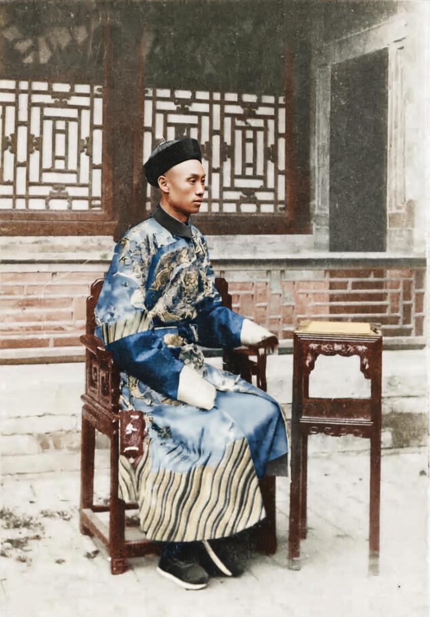 这张照片出自1909年日本摄影师山本赞七郎的影集《北清大观》，记录了一位晚清官员