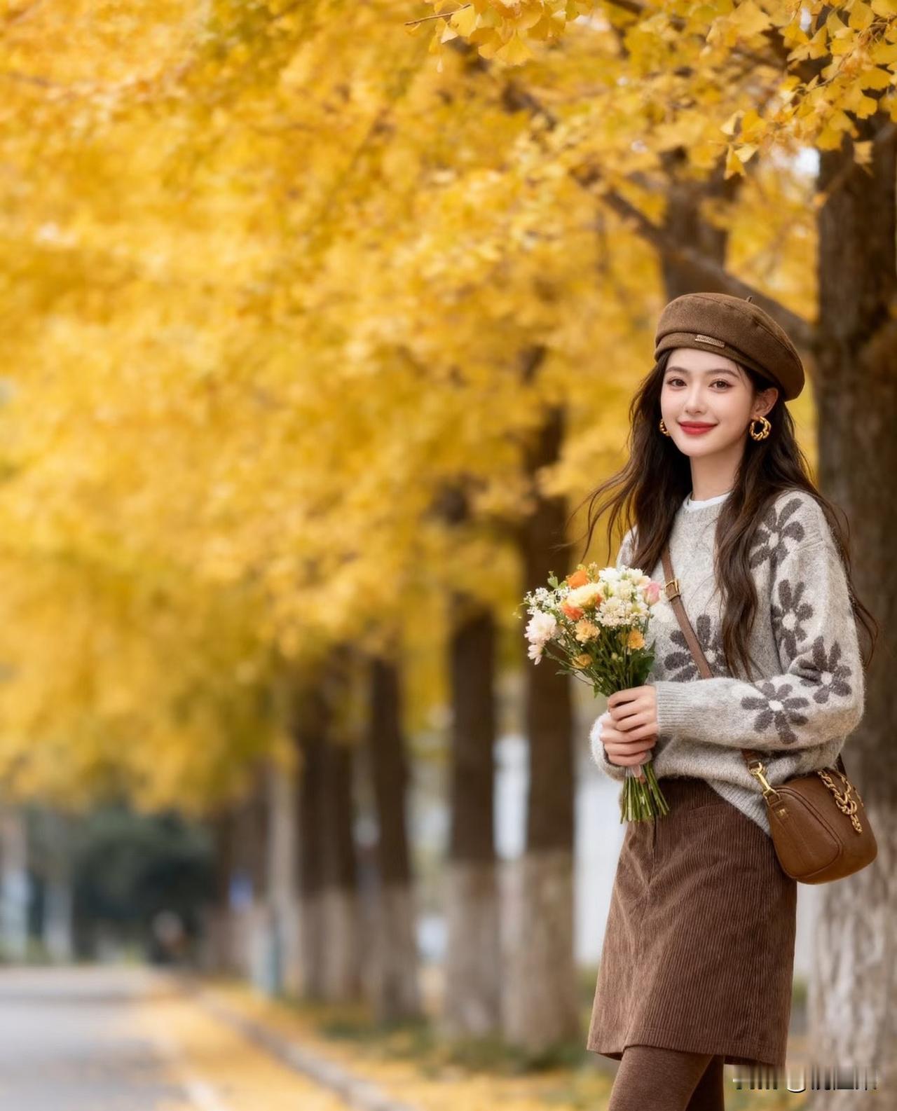街拍美女秋季穿搭上联：银杏树下盼君归，望穿秋水，下联如何对