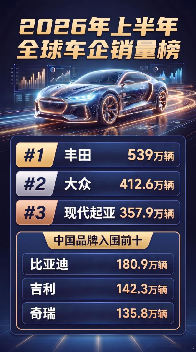 2026 上半年全球销量榜单出炉，丰田依旧守住榜首，但最大看点是三家自...