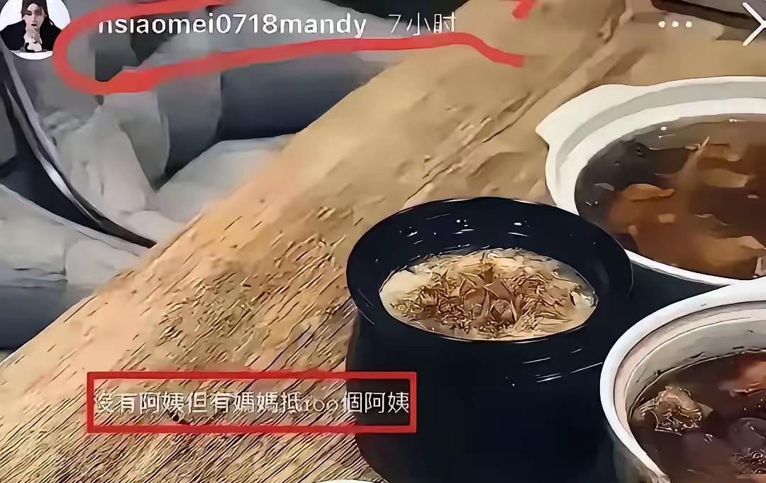 好多网友不明白马筱梅突然在账号上高调晒美食配文：没有阿姨但有妈妈抵100个阿姨