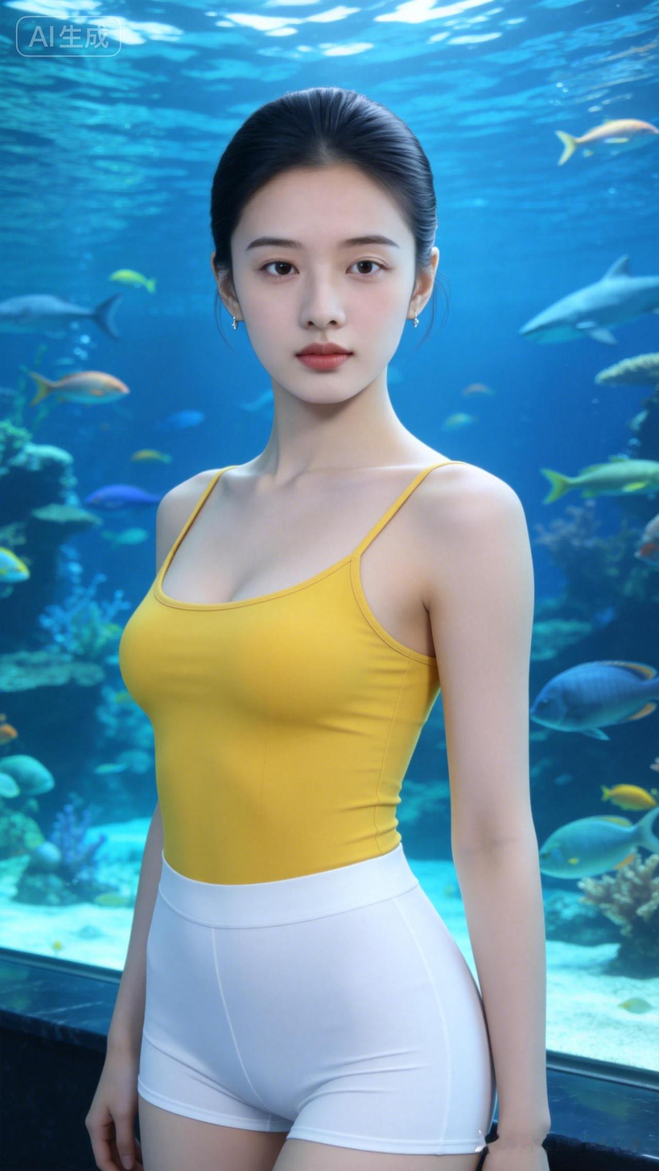 穿黄色背心，站在水族馆里。