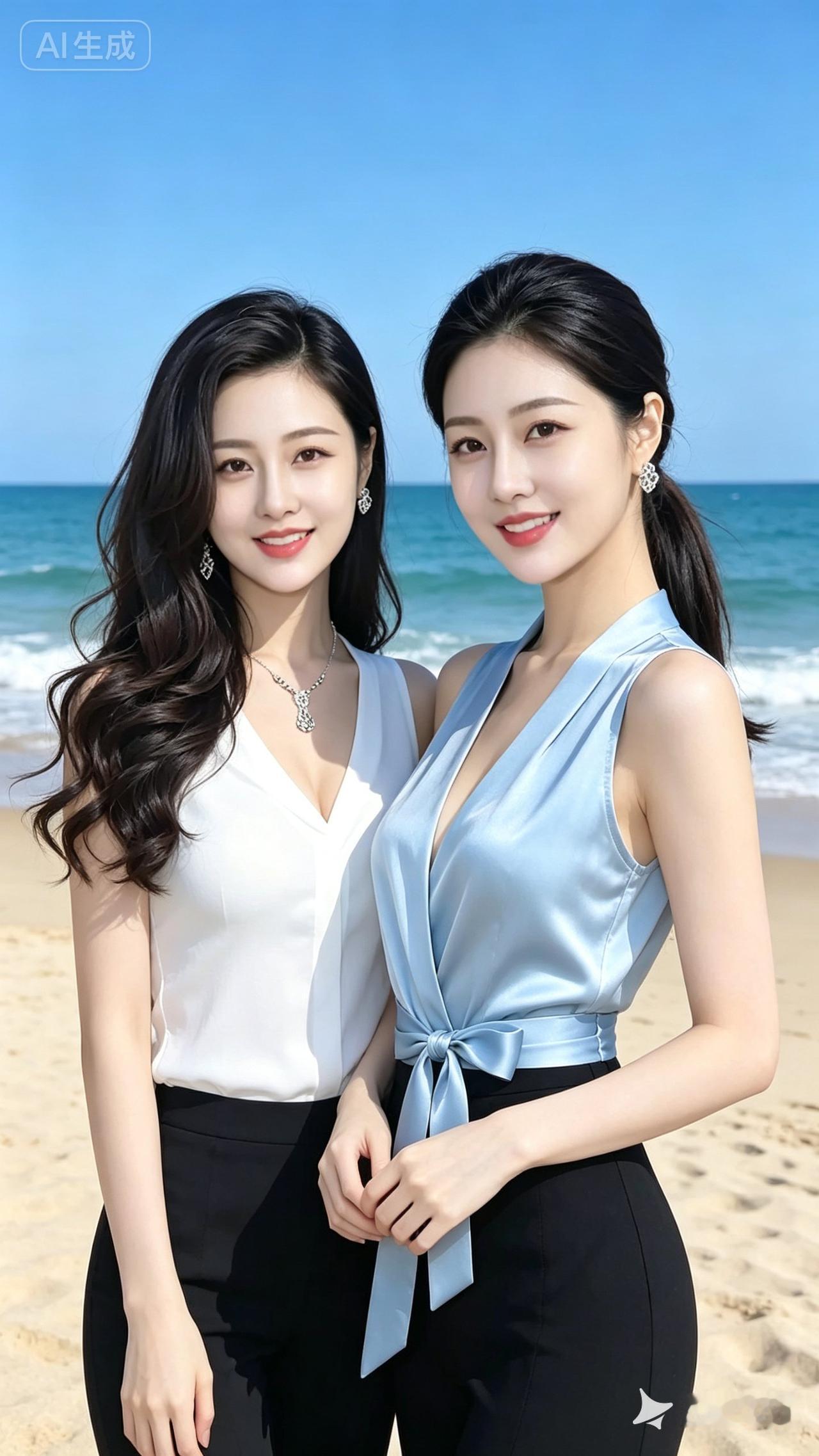 两个美女在沙滩上自拍。