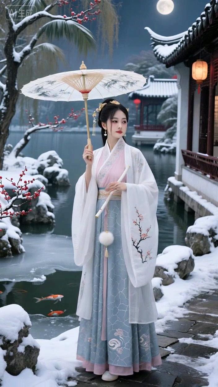 七绝●寻诗觅赋雪月风花梅作伴，灯光树影伞相随。莲萍锦鲤深依恋，水榭