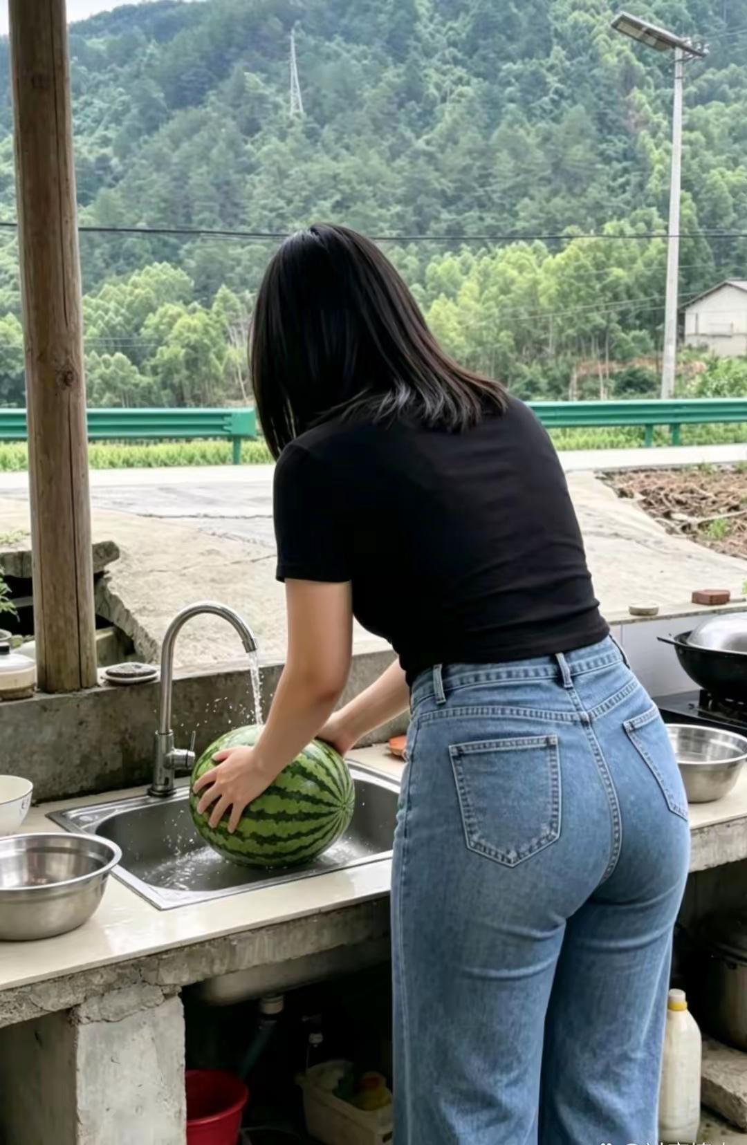 妹子正在洗西瓜呢。