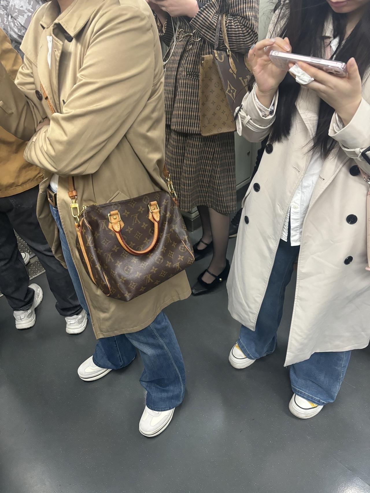 北京地铁女富婆太多了，这不，抬眼一看，身边两个富婆，都背着奢侈品大牌LV的包包，