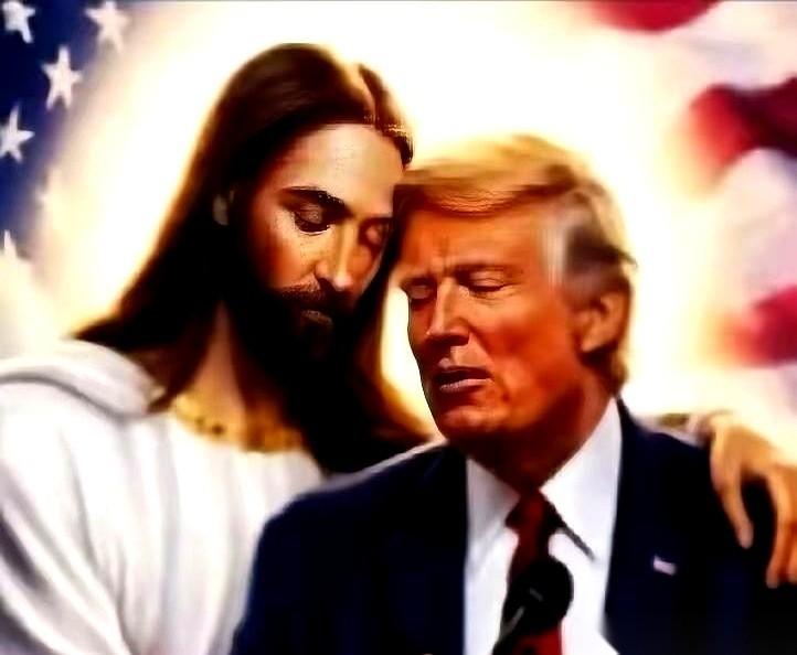 特朗普又在网上发了一张让全美舆论直接炸裂的照片。照片里，耶稣闭着眼，正深情地拥
