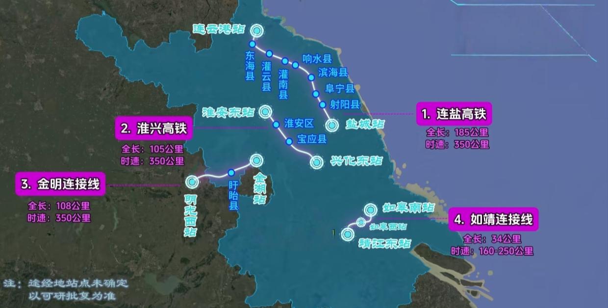 江苏重点推进的4个高铁项目，有望纳入中长期铁路规划！第一条，连盐高铁，全长约18
