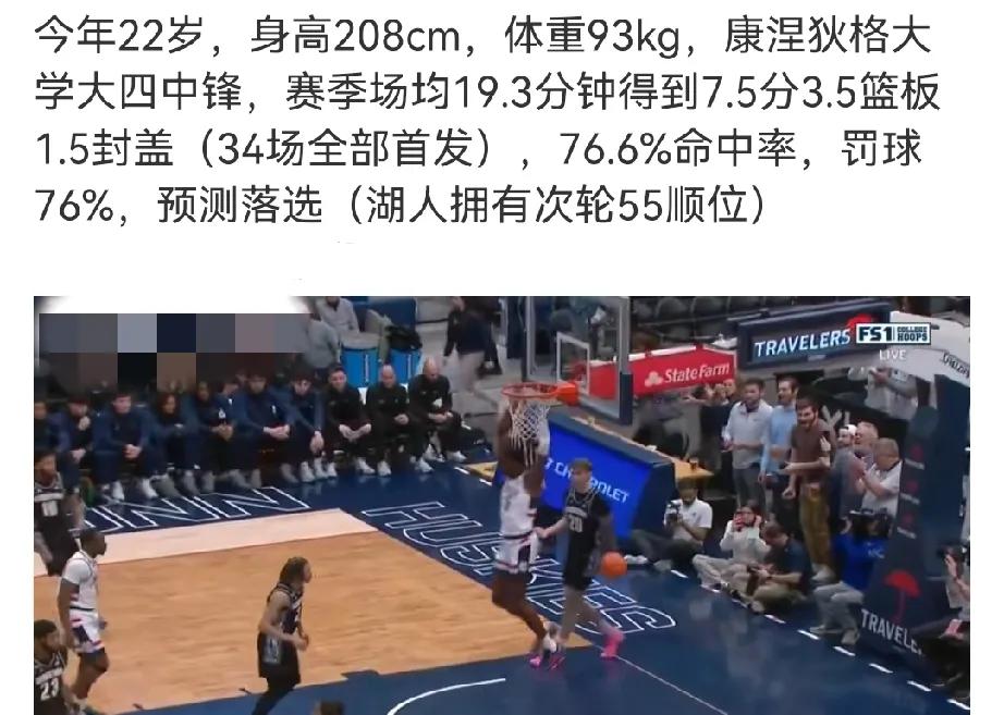 湖人试训208的康大中锋萨姆逊-约翰逊场均才3.5篮板也有点瘦，而且这篮板有