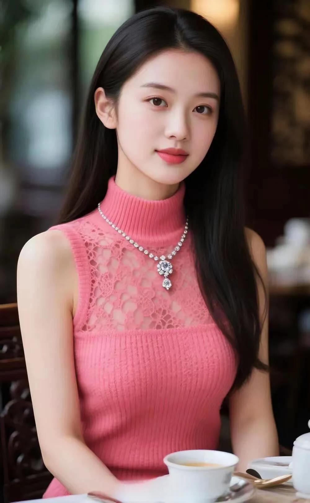 优雅咖啡时光，粉色蕾丝连衣裙，精致项链，享受宁静午后。