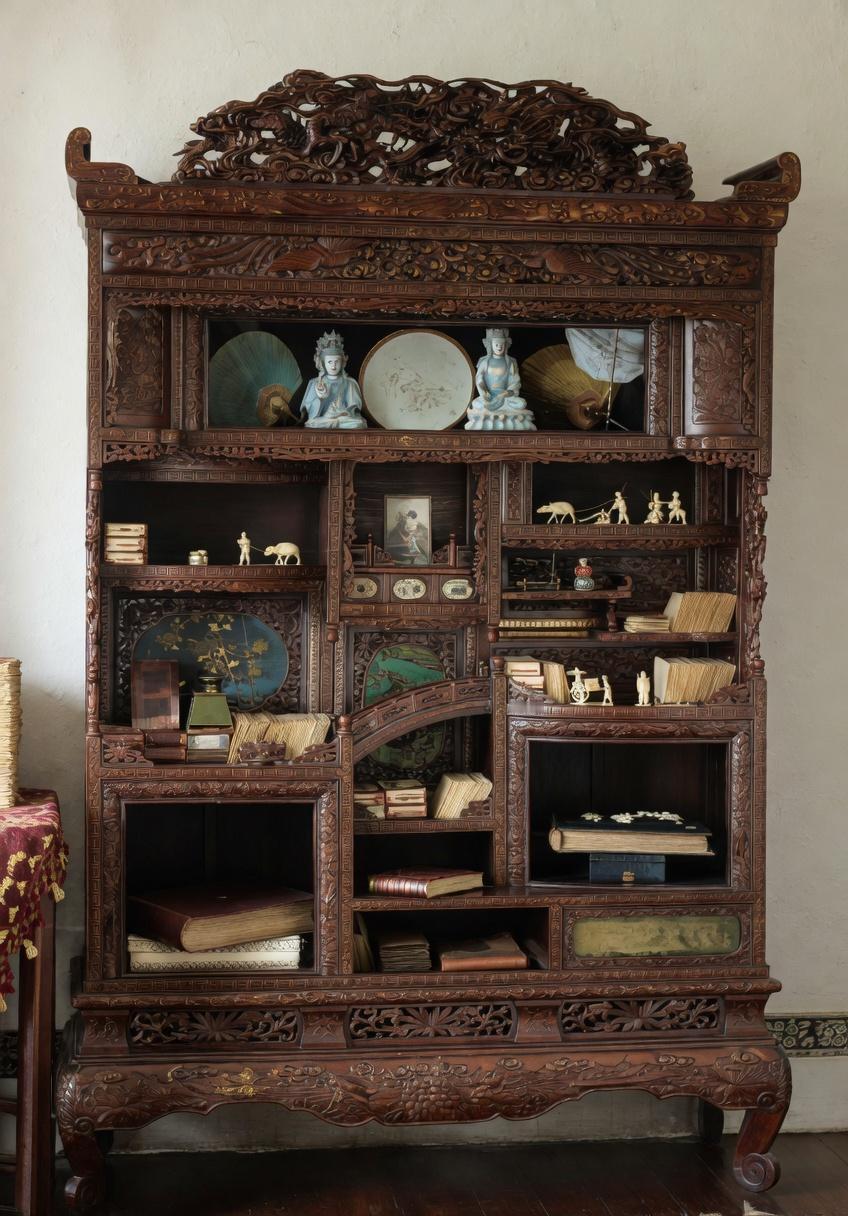 这是清代宫廷专属满工雕龙博古多宝阁，是昔日紫禁城帝后殿内的文房珍宝。整器通体名