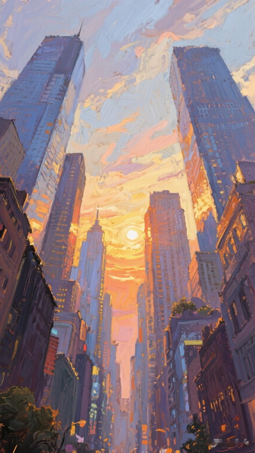 当都市的油画笔触邂逅长城的秋意斑斓，一边是现代都市在夕阳下的艺术化剪影，钢筋水泥