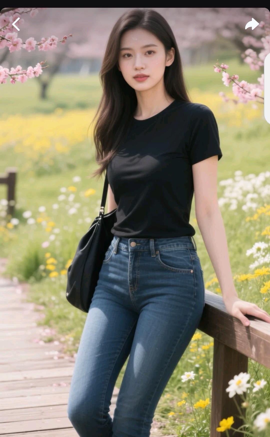 春日漫步，花海中的时尚少女