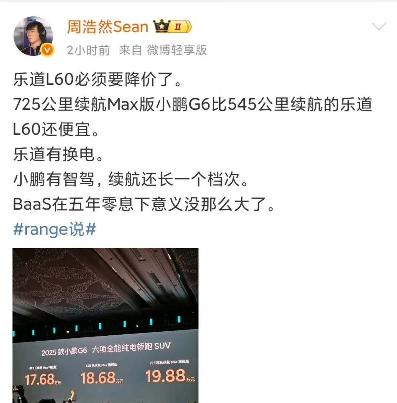 乐道L60必须降价了！2025款小鹏G6推出的起售价格为17.68万元，而且